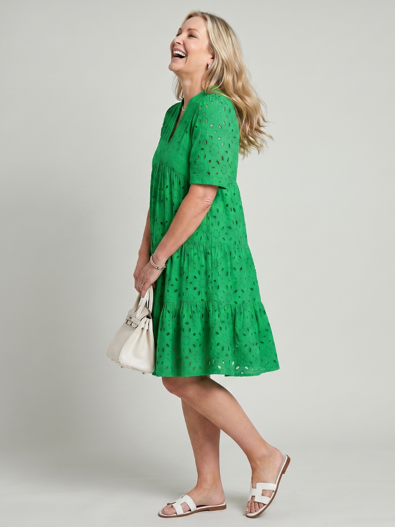 Elegant V-neck eyelet dress for women, short sleeves & a comfortable knee-length design. Ideal for summer style.