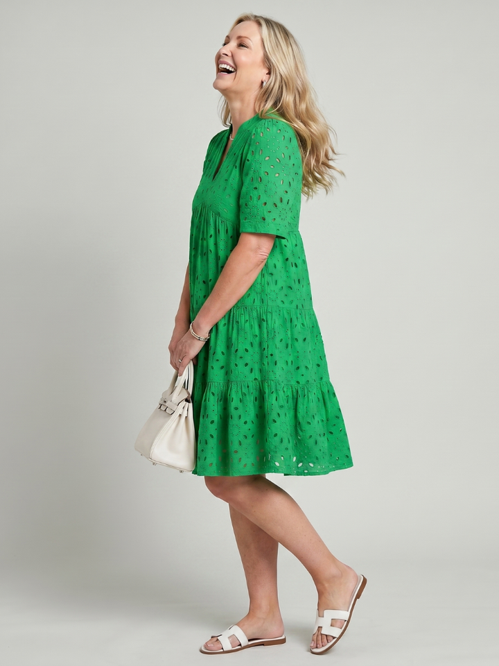 Elegant V-neck eyelet dress for women, short sleeves & a comfortable knee-length design. Ideal for summer style.