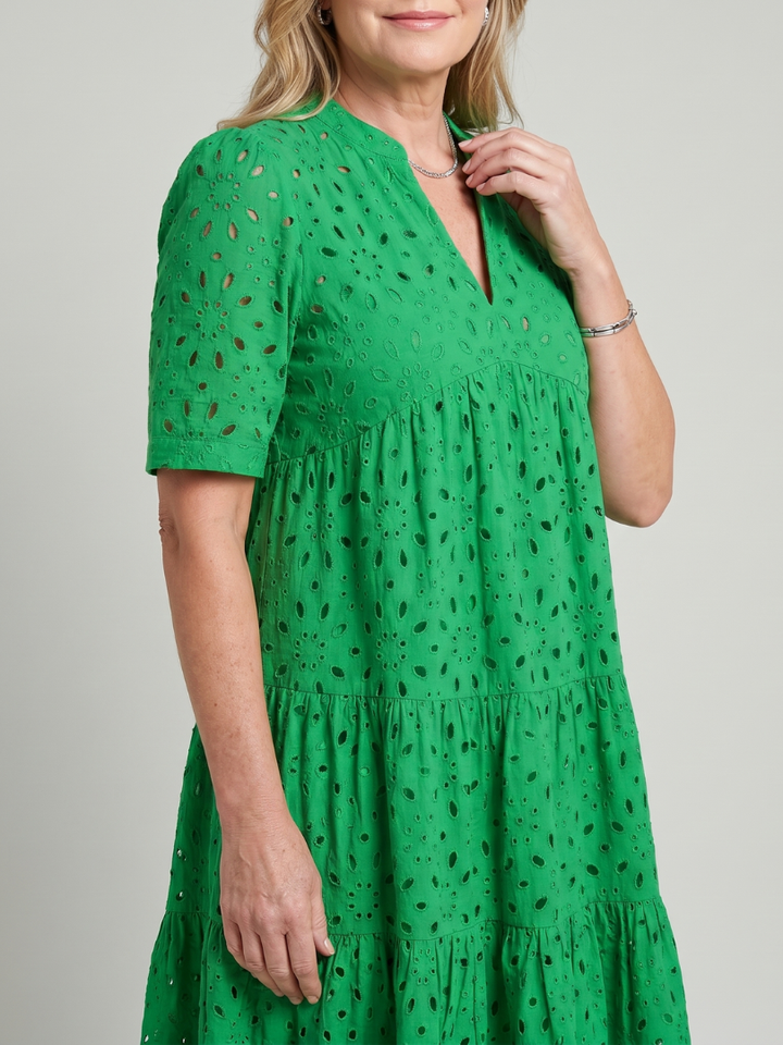 Casual women's tiered eyelet dress with short sleeves and a knee-length hem, perfect for relaxed summer days.