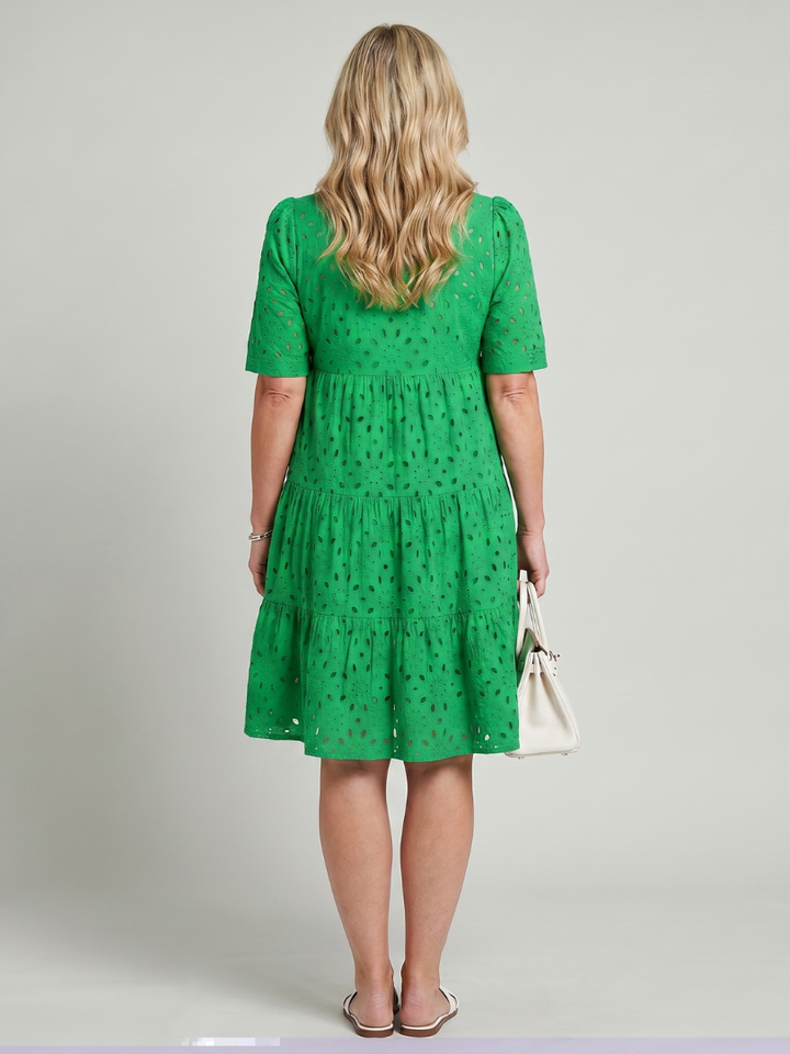 Stylish women's V-neck eyelet dress, short sleeve, knee-length. Relaxed fit, great for casual summer daywear.