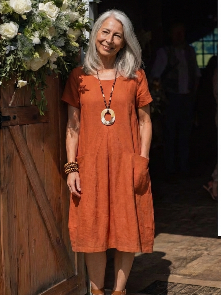 Versatile women's short sleeve casual dress with elegant pleats, ideal for everyday comfort.