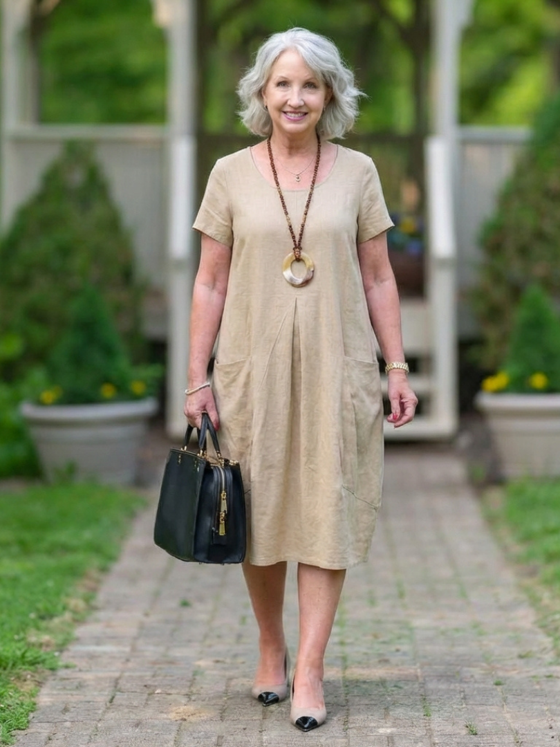 Spring/summer women's casual dress: short sleeve, knee-length, pleated for a relaxed fit.