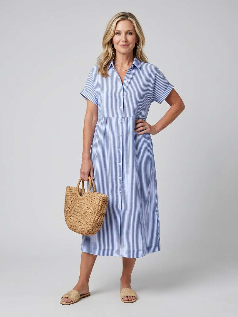 Women's short sleeve stripe midi dress for effortless everyday style and comfort.