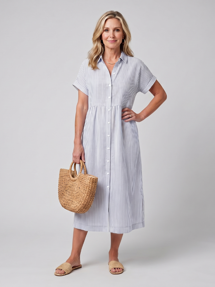 Simple & stylish short sleeve striped midi dress, perfect everyday fashion for women this summer.