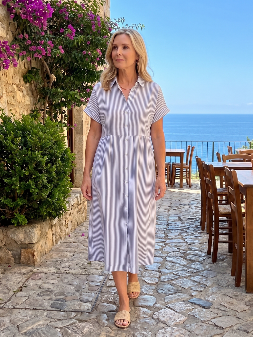 Women's collared short sleeve striped midi dress, button front, relaxed fit for spring/summer style.