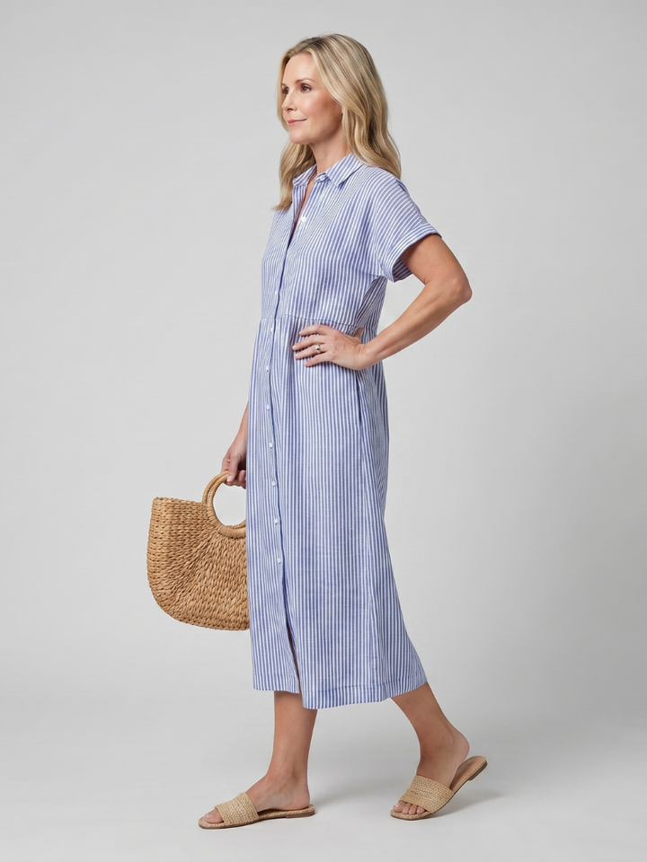 Casual striped midi dress with short sleeves, ideal for summer fashion and everyday women's style.