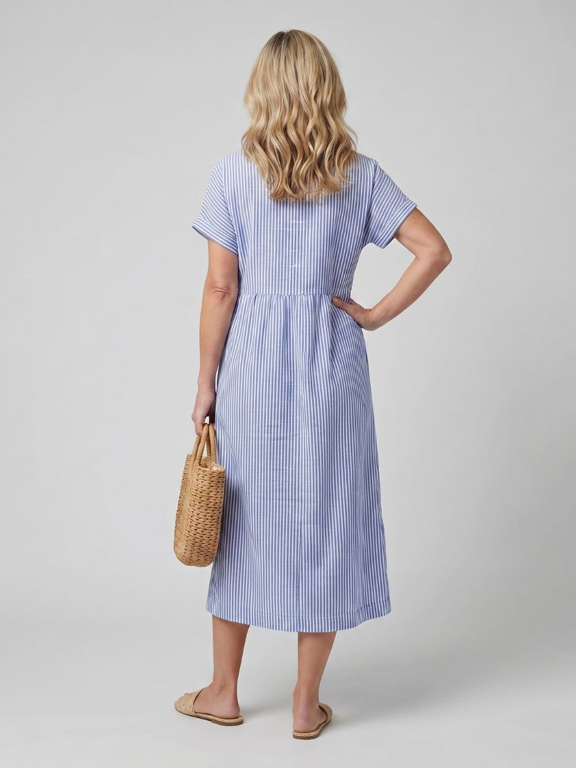 Relaxed fit striped midi dress with short sleeves & collar, comfortable for spring and summer days.
