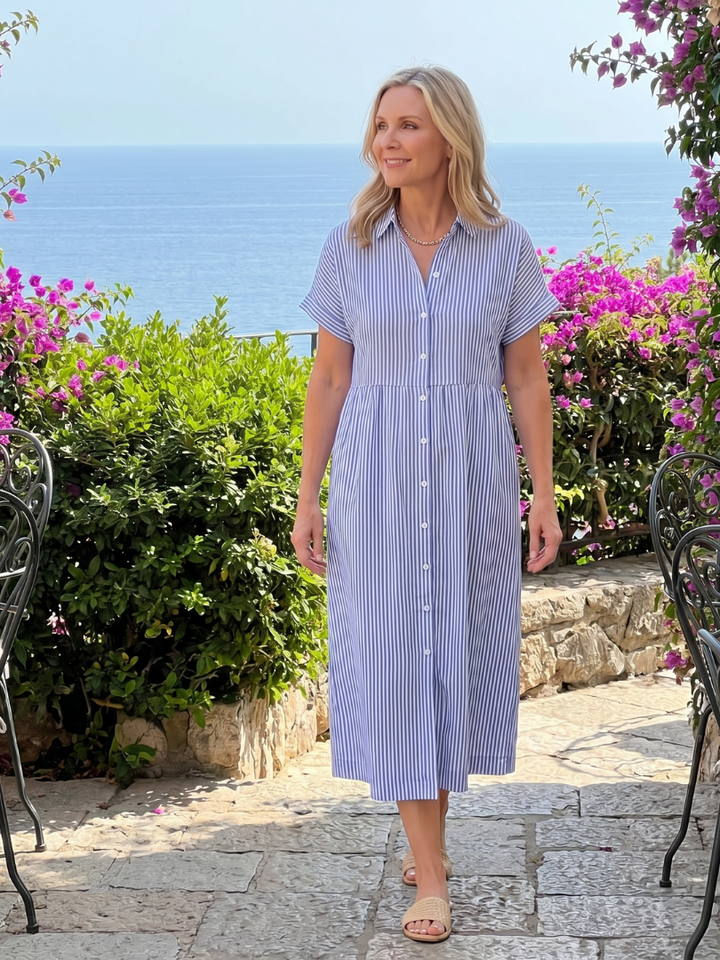 Elegant striped midi dress, short sleeves, button front, ideal for women's casual fashion.