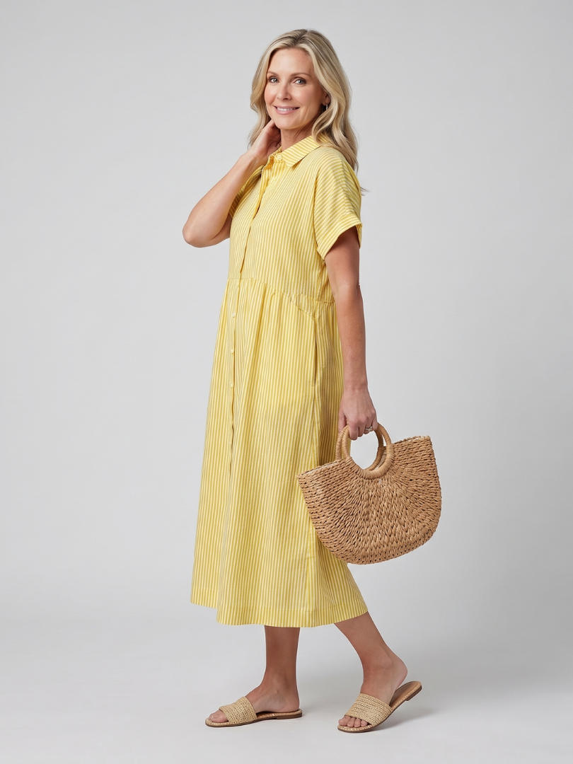 Versatile women's striped midi dress, short sleeve, collared, for spring & summer casual wear.