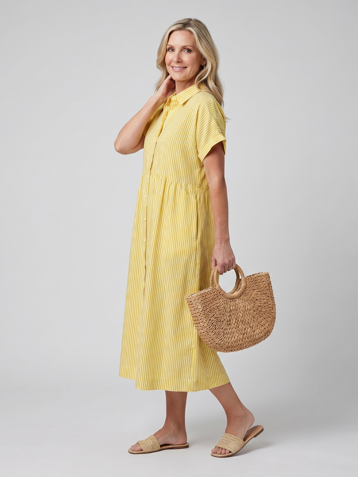 Versatile women's striped midi dress, short sleeve, collared, for spring & summer casual wear.
