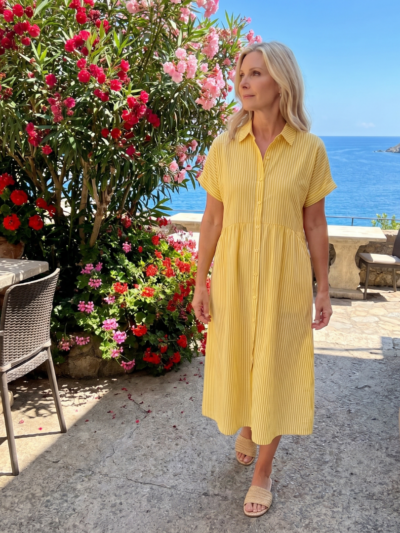 Chic striped short sleeve midi dress, button front, for a relaxed summer everyday style.