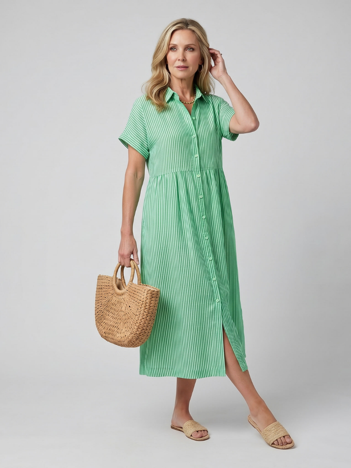 Light & airy striped short sleeve midi dress, perfect women's casual wear for spring & summer.