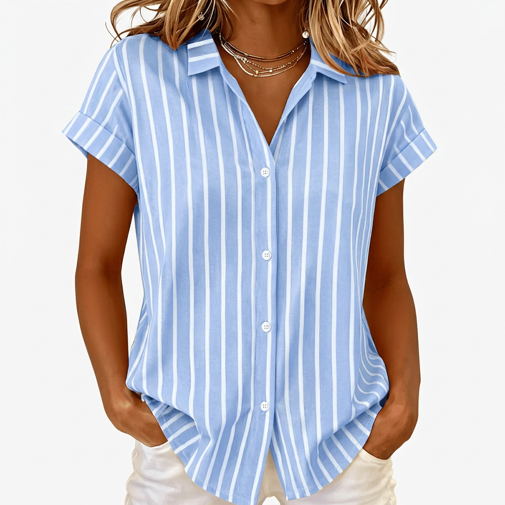 Casual women's short sleeve striped blouse. Vintage style summer top with a comfortable relaxed fit for everyday.