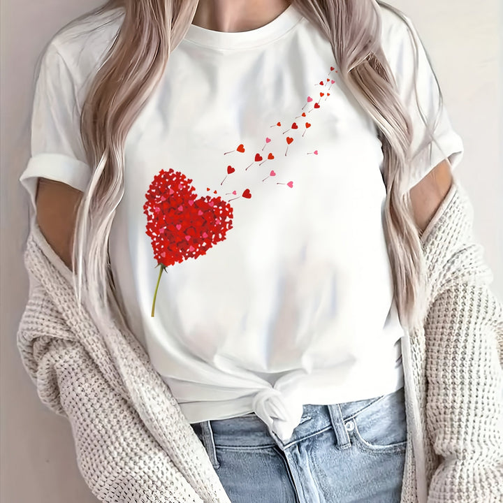 Women's short sleeve t-shirt featuring a romantic heart & floral print. Perfect casual round neck top for spring/summer.