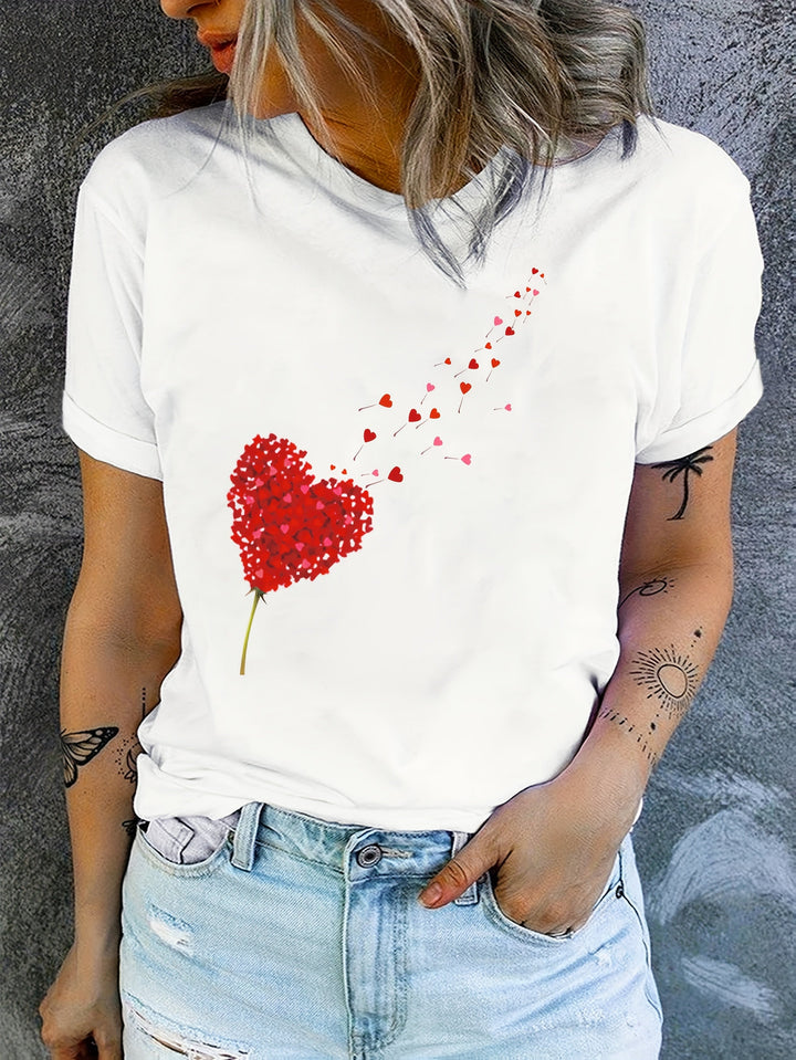 Romantic women's graphic tee with heart & floral print. Stylish round neck, short sleeve top for everyday casual wear.