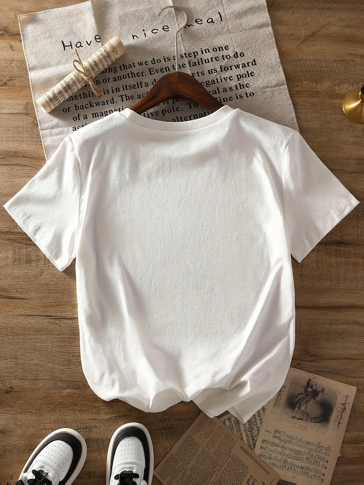 Chic women's graphic tee featuring a romantic heart & floral print. Versatile round neck, short sleeve top for any occasion.