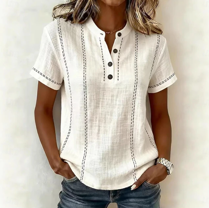 Stylish women's textured short sleeve button top. Everyday casual henley shirt, comfortable & versatile for spring.