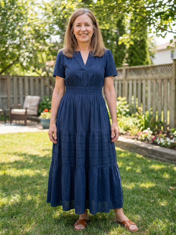 Women's short sleeve tiered maxi dress with smocked waist, perfect for casual summer everyday wear. Effortless style.