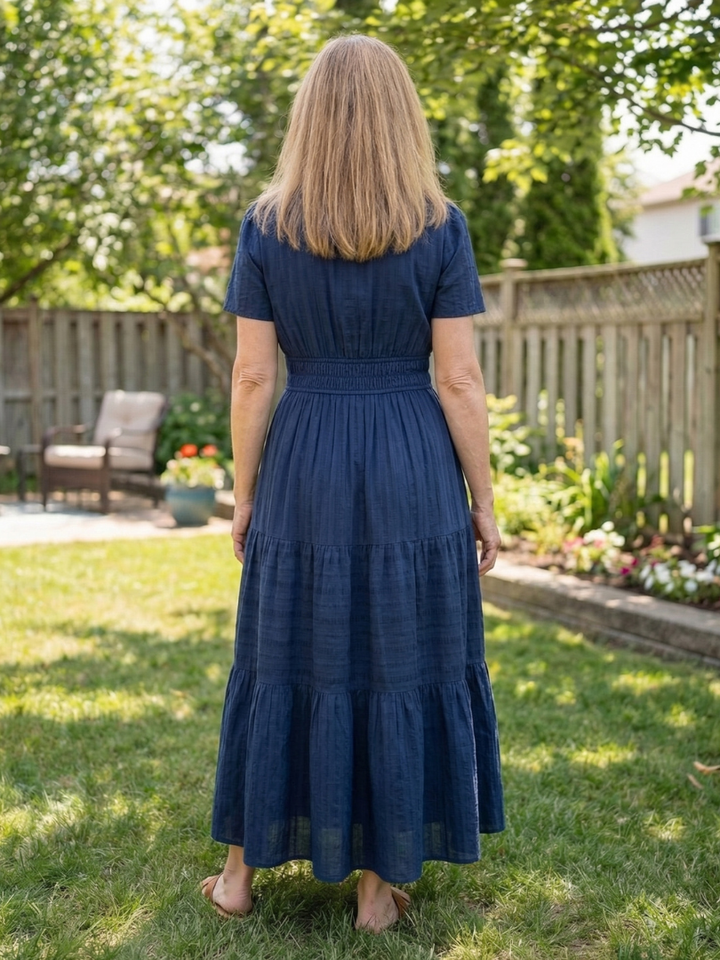 Comfortable women's maxi dress with short sleeves and tiered skirt. Ideal for effortless everyday summer fashion.