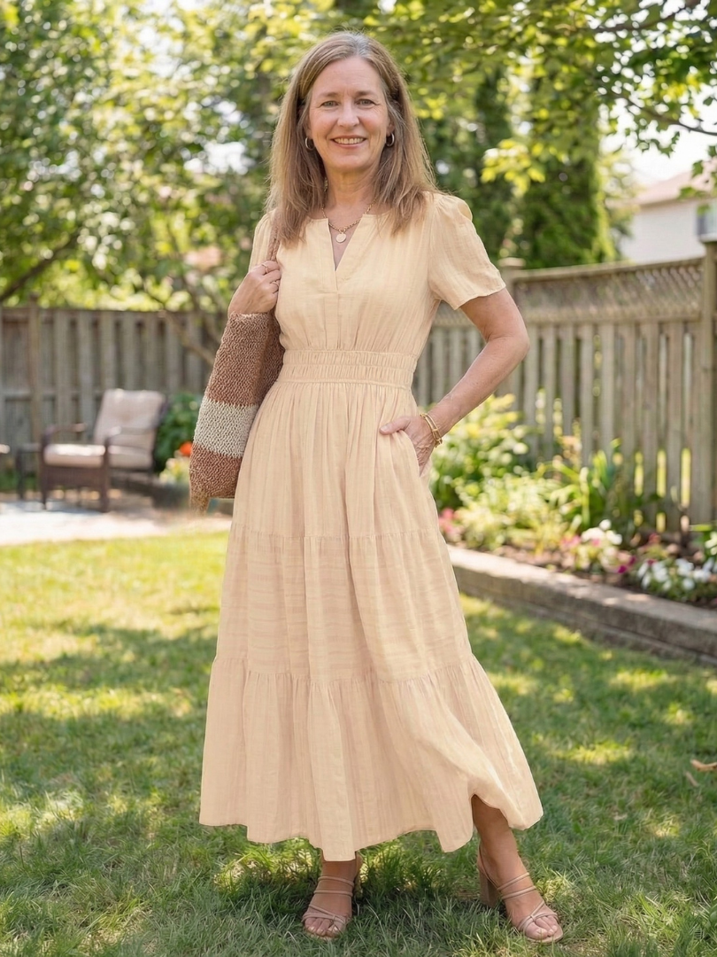 Stylish women's short sleeve maxi dress in a tiered design, smocked waist, perfect for casual summer comfort.