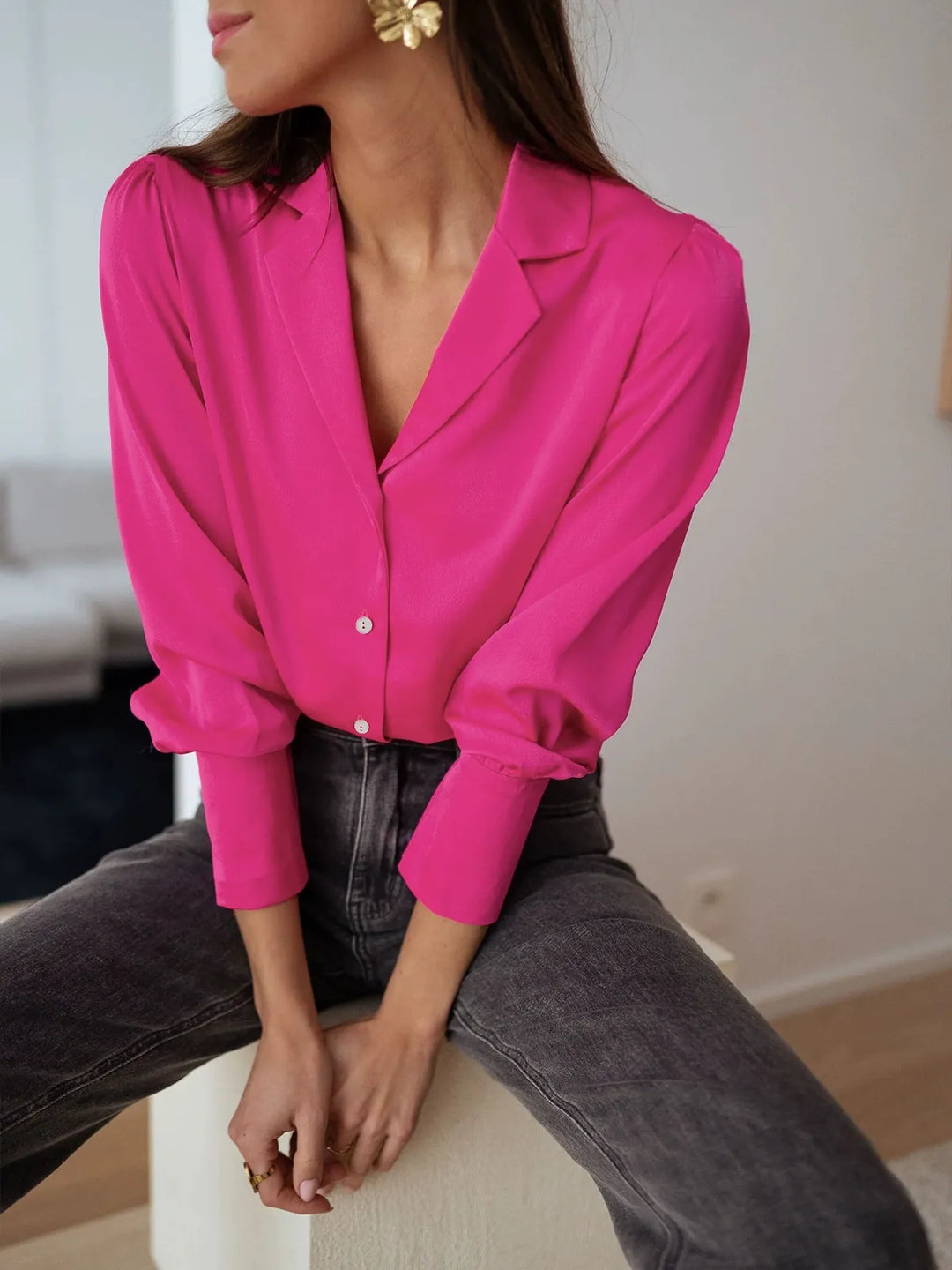 Shop this versatile women's casual top: a silky relaxed fit blouse with a timeless button-down design.