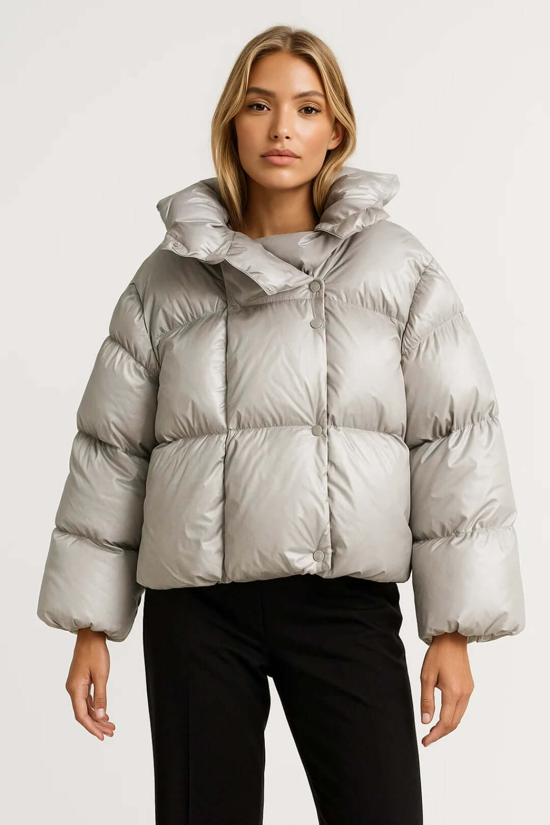 Trendy women's olive green puffer jacket with snap buttons. Stylish & warm outerwear for casual cold weather fashion.