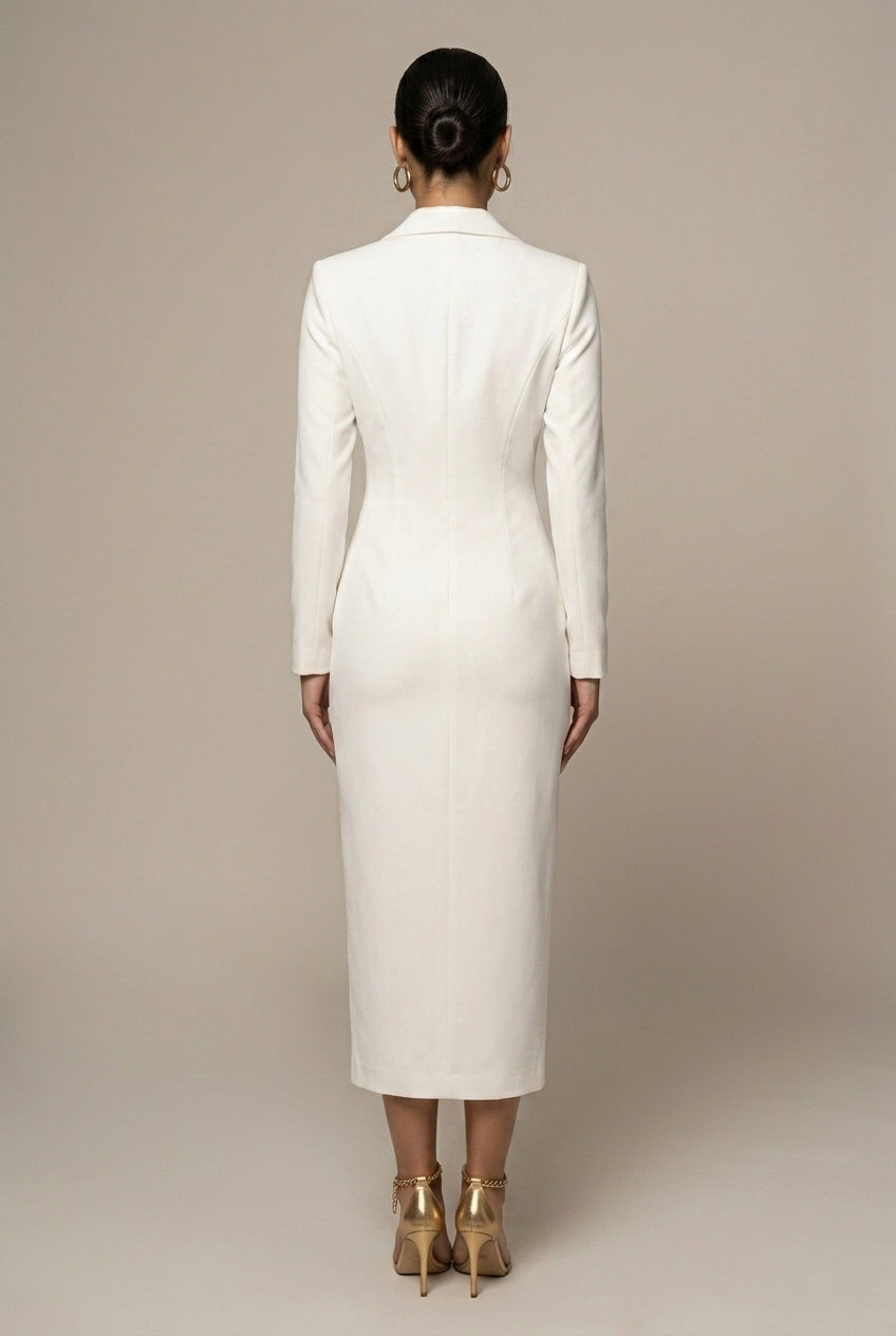 Stylish long-sleeve blazer midi dress for women, featuring a sophisticated notch lapel and fitted design.