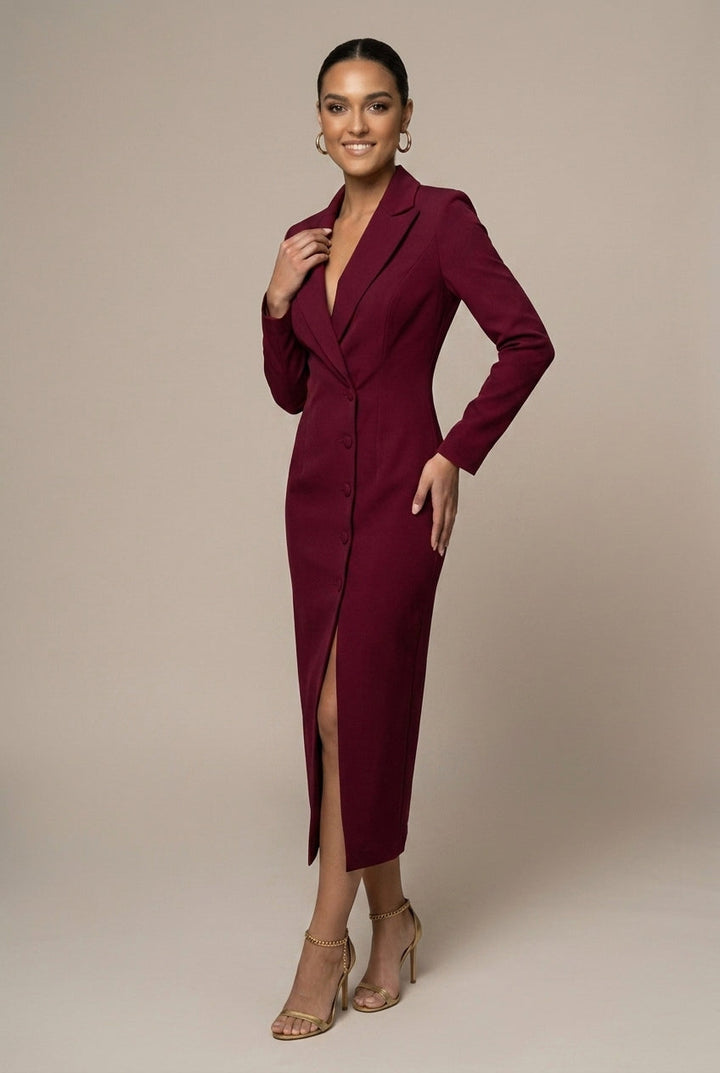 Professional women's midi blazer dress. Single-breasted design offers a sleek, modern office look.