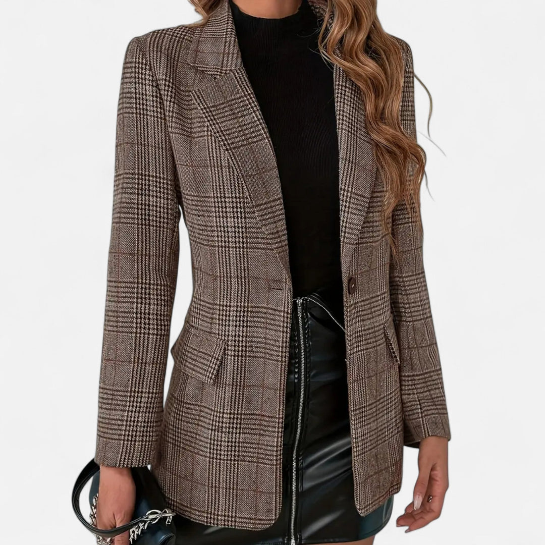 Women's single-breasted plaid blazer in a tailored fit, perfect for office or evening wear.