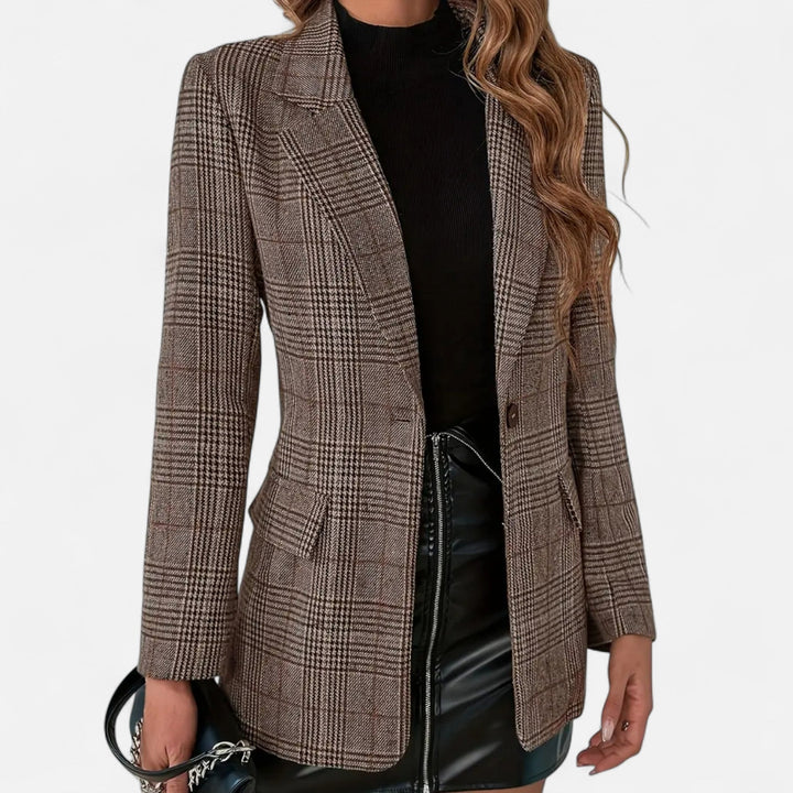 Women's single-breasted plaid blazer in a tailored fit, perfect for office or evening wear.