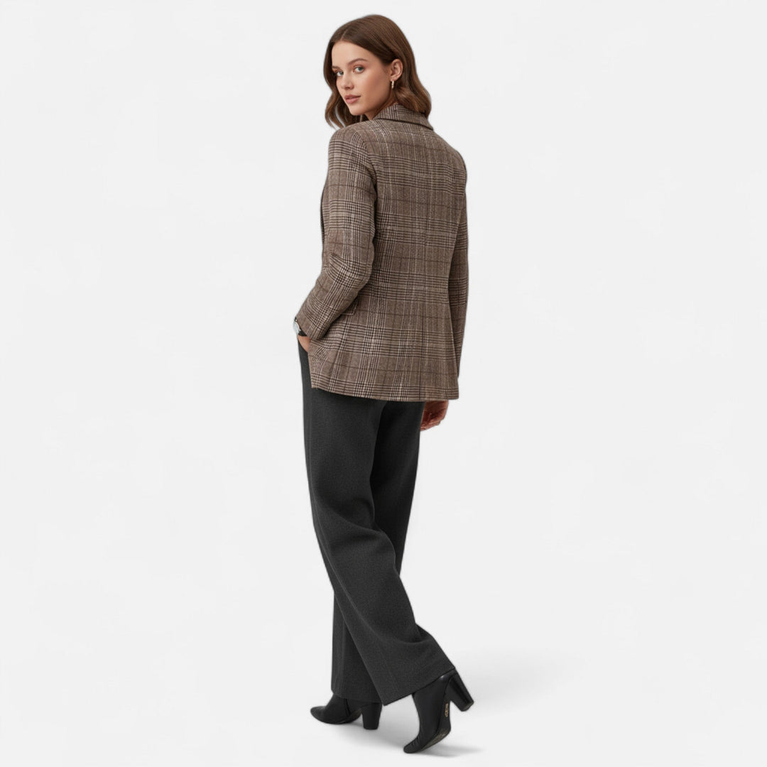 Tailored fit plaid blazer for women, featuring a single-breasted design for a sharp look.
