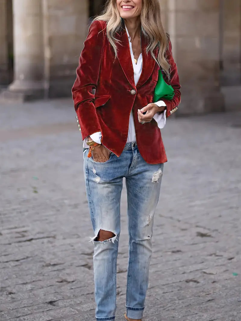 High-quality women's tailored blazer with a single button, for lasting professional style.