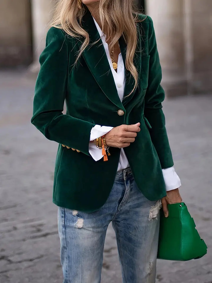 Professional women's blazer, single button design, ideal for business attire.
