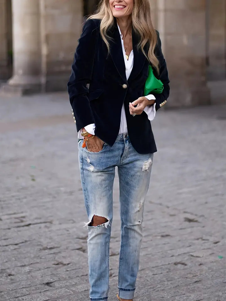 Formal women's single button blazer, perfect for professional settings and meetings.