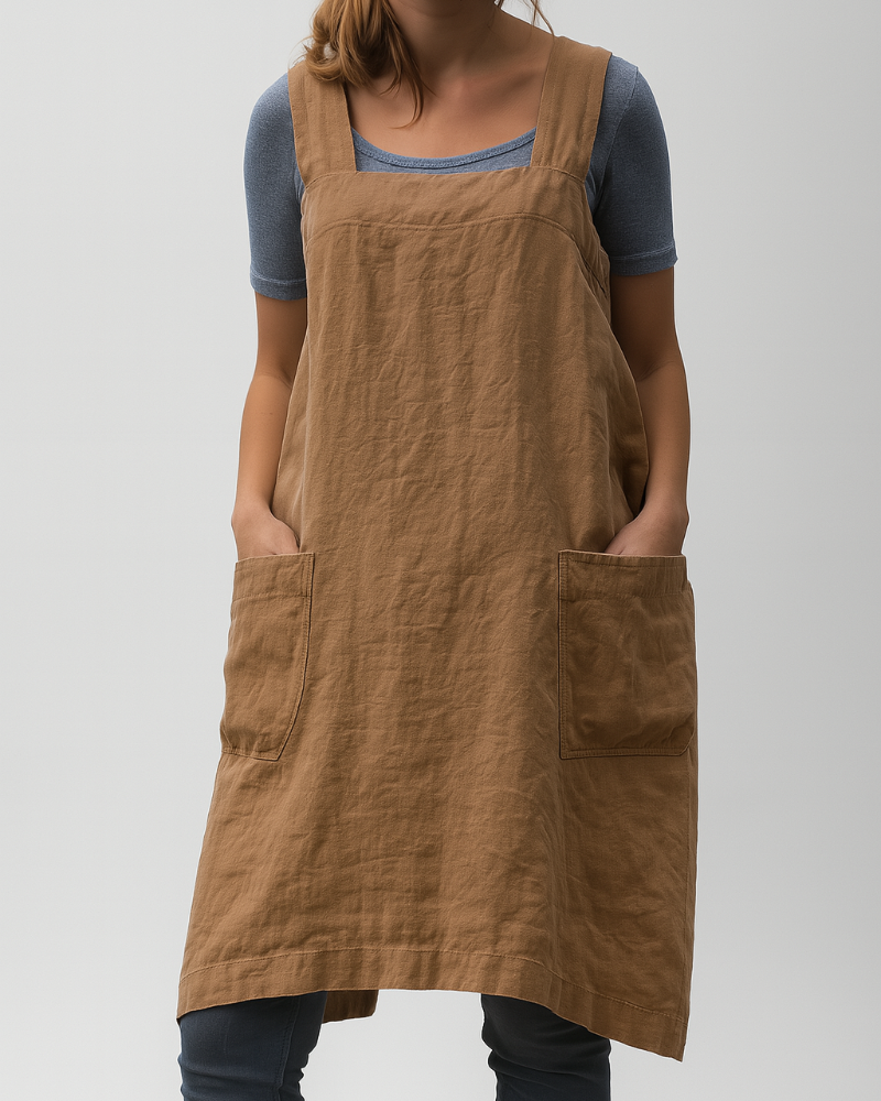 Comfortable sleeveless midi apron dress for women, featuring a stylish square neck and practical side pockets.