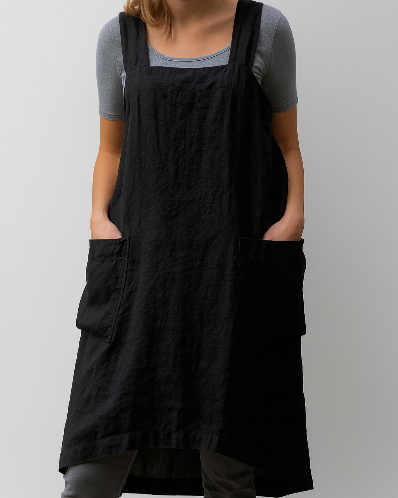 Soft & comfortable women's sleeveless midi apron dress, featuring a chic square neck & convenient pockets.