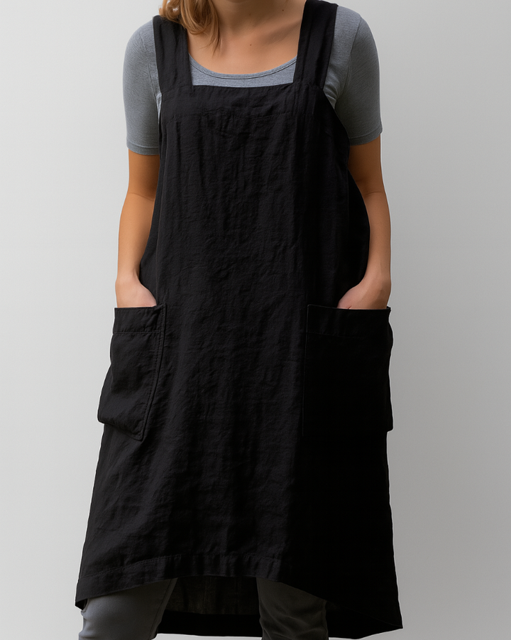 Soft & comfortable women's sleeveless midi apron dress, featuring a chic square neck & convenient pockets.