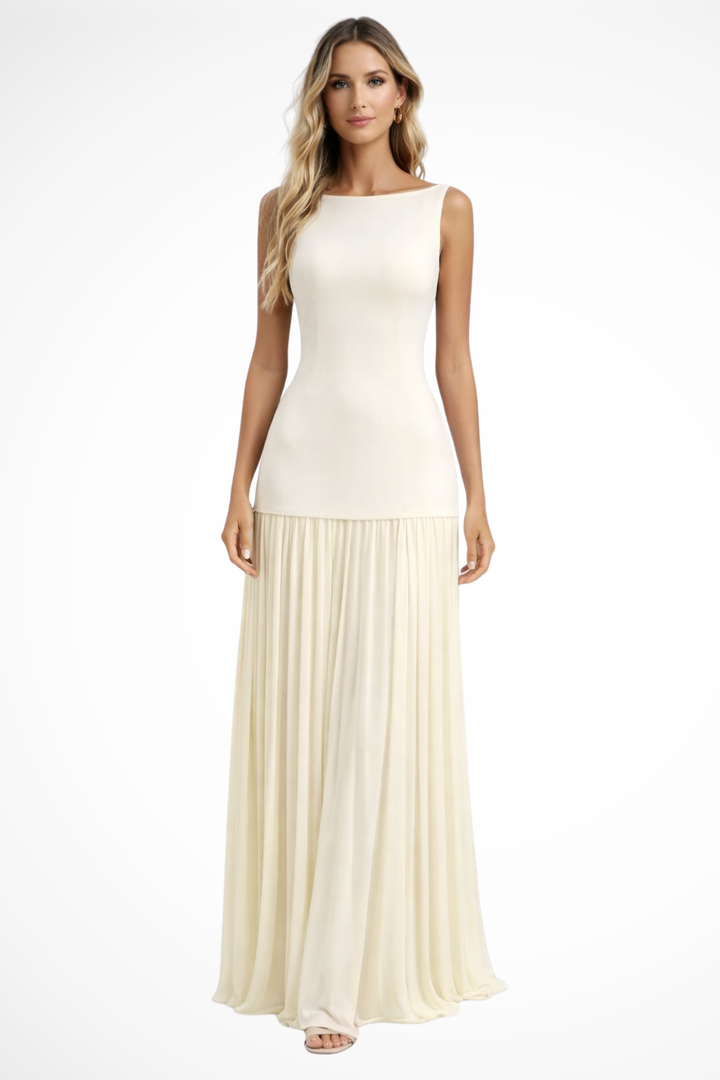 Women's sleeveless boat neck maxi dress with pleated skirt, perfect for wedding guests & formal events.