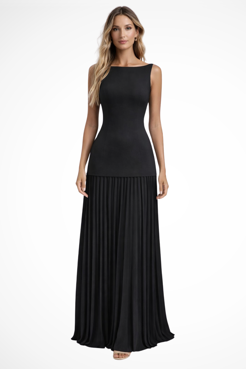 Elegant women's sleeveless maxi dress for wedding guests, featuring a boat neck & flowing pleated skirt.