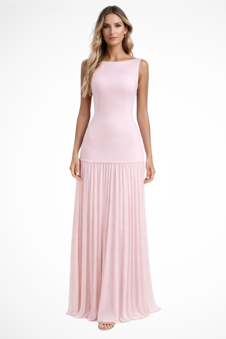 Sophisticated women's formal boat neck sleeveless maxi dress with a drop waist & pleated skirt.