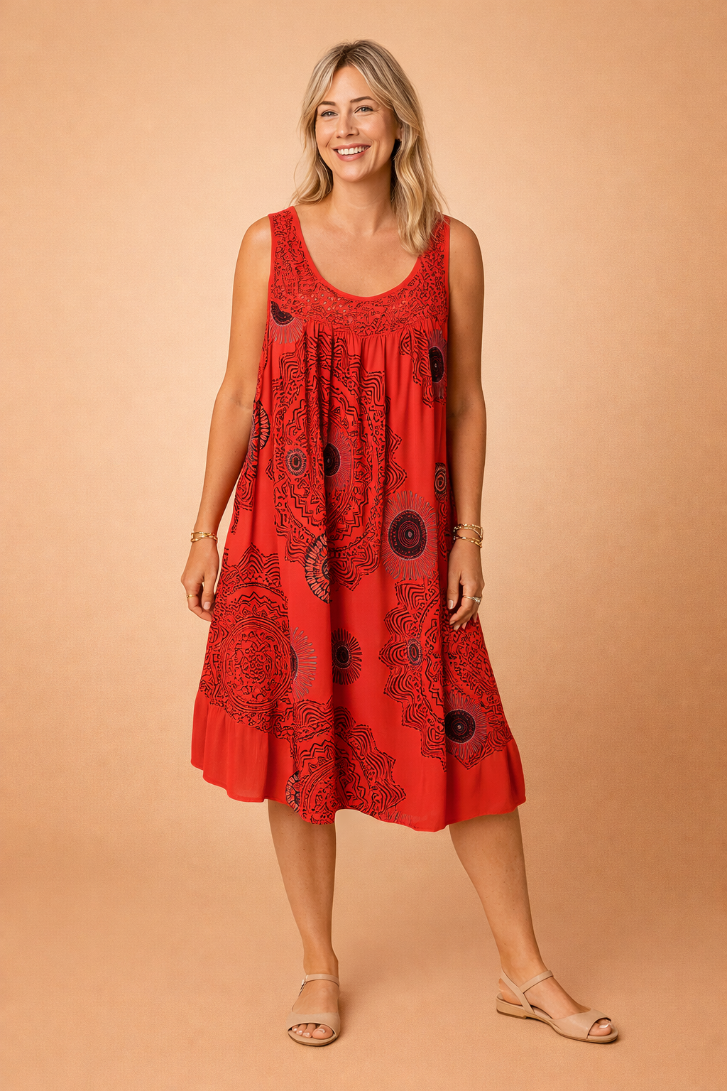 Mandala print sleeveless midi dress for women. Airy, relaxed fit, perfect summer casual or vacation dress.