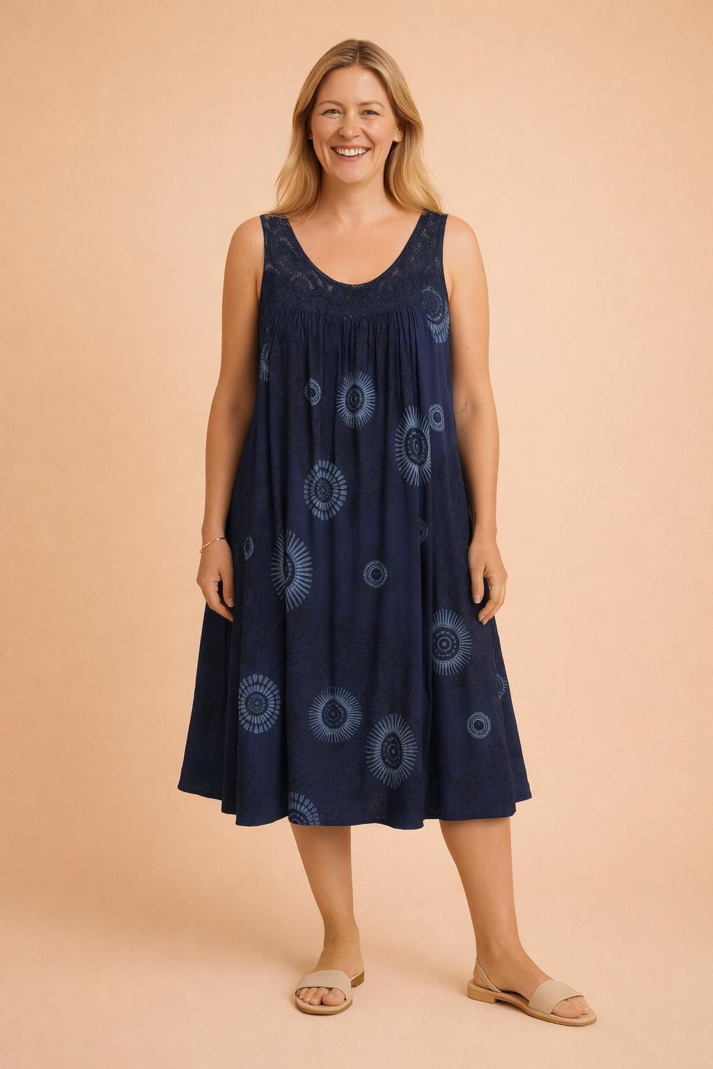Women's relaxed fit sleeveless midi dress, featuring a bohemian mandala pattern. Great for summer outings.
