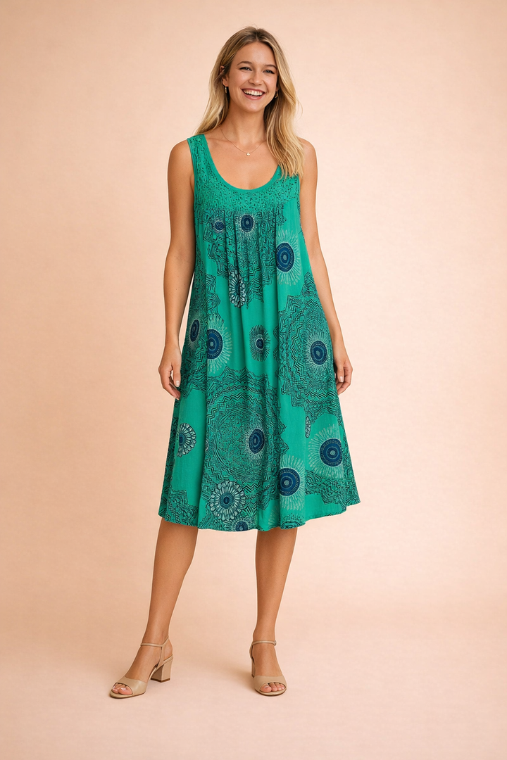 Airy women's sleeveless midi dress with unique bohemian pattern. Perfect for comfortable summer elegance.