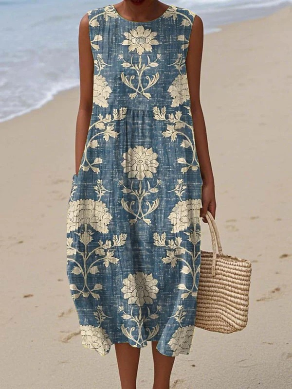 Women's sleeveless boho floral midi dress in a relaxed fit, perfect for summer casual wear or elegant events.