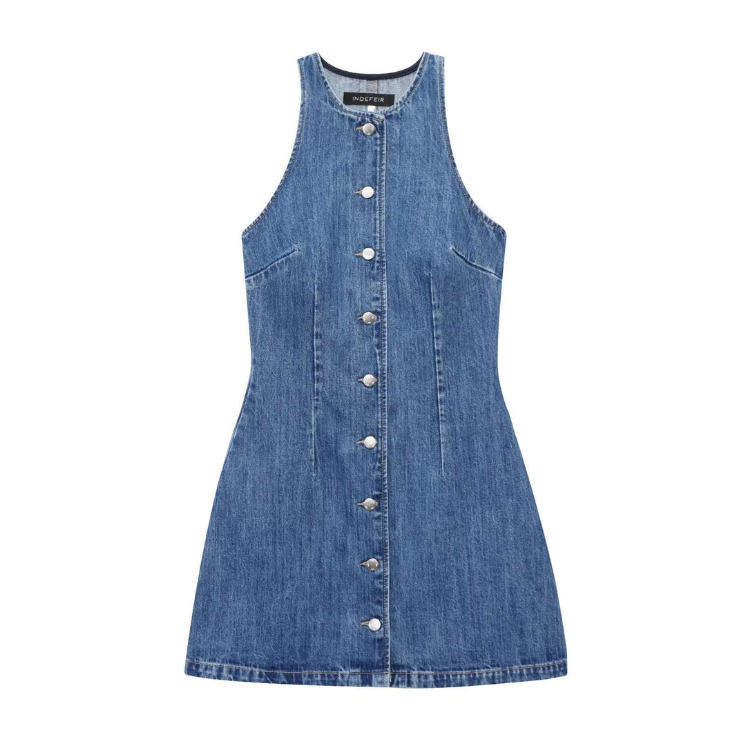 Chic women's sleeveless mini dress featuring a button front, a perfect and comfortable choice for summer casual.