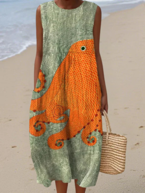 Women's sleeveless coastal-chic oceanic midi dress with vibrant octopus print, perfect for summer vacation.
