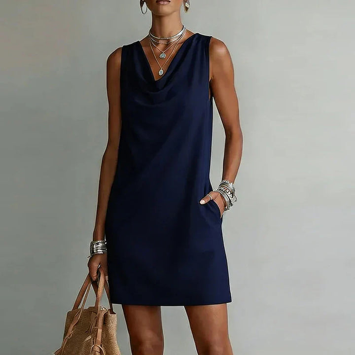 Versatile women's A-line mini dress with a stylish cowl neck, perfect for casual or smart-casual occasions.