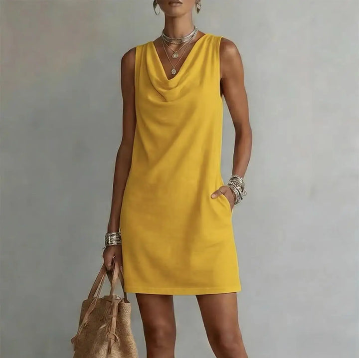 Chic women's sleeveless mini dress with a draped cowl neck, a comfortable A-line silhouette for any summer event.