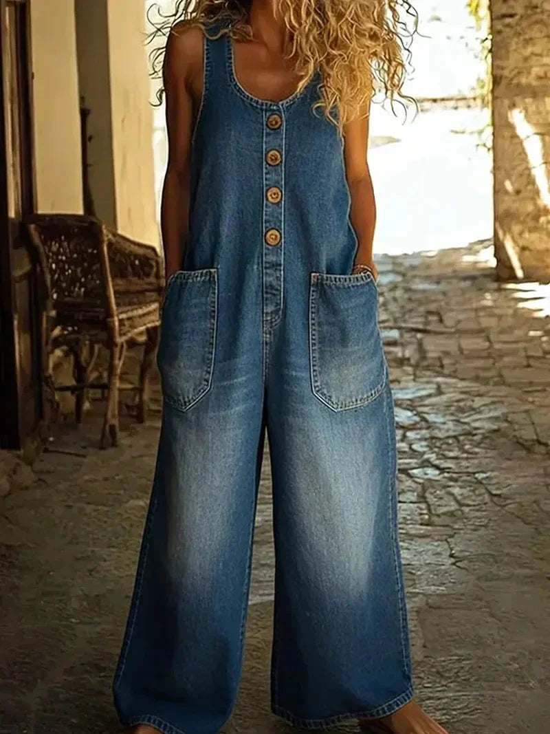 Stylish women's utility jumpsuit, sleeveless denim, featuring a comfortable loose fit & front buttons, perfect for daily wear.