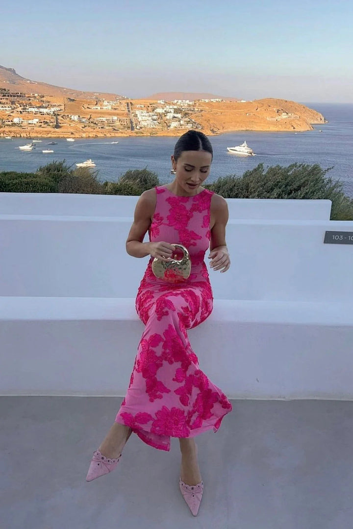 Women's floral embroidered sleeveless party maxi dress, perfect for special occasions